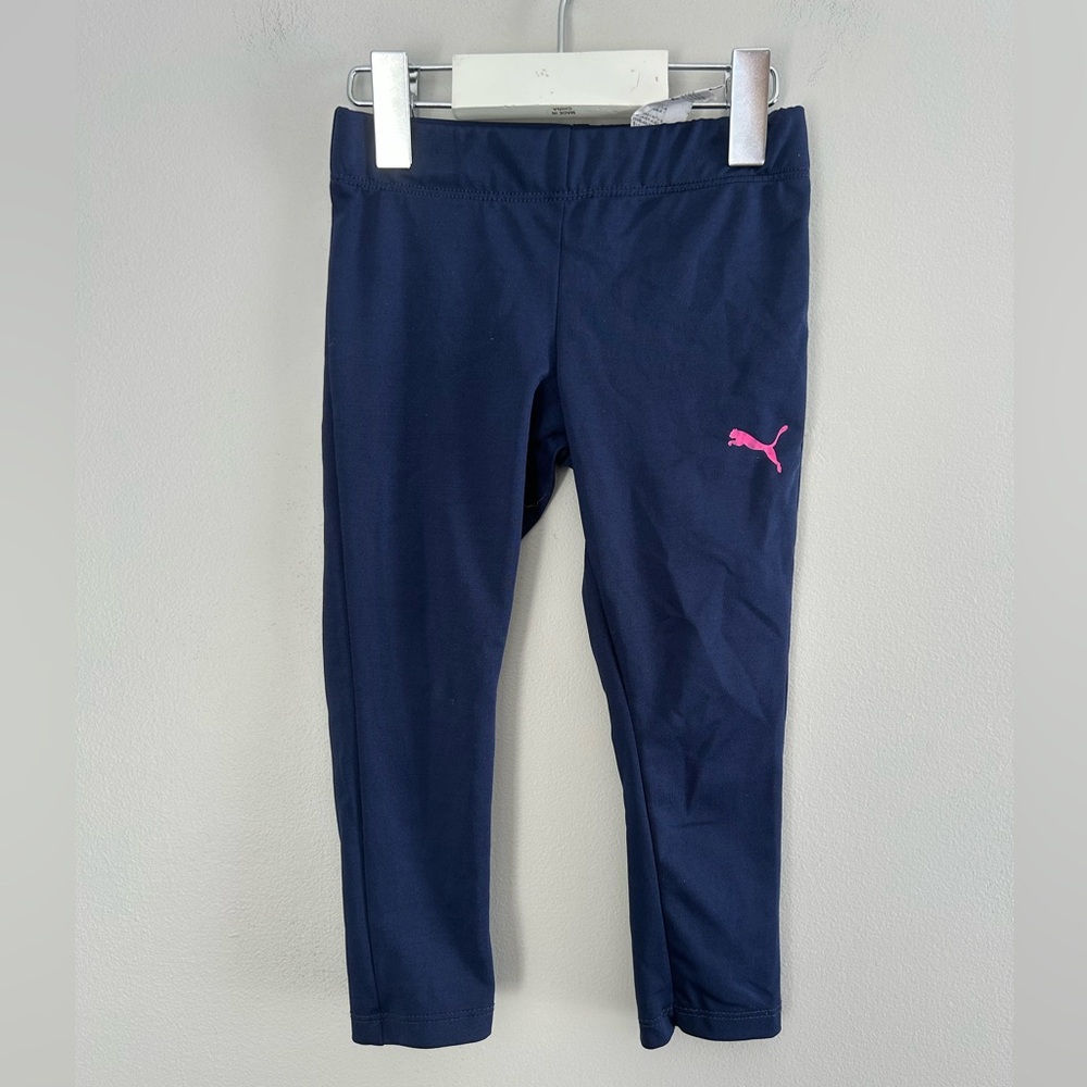 Puma toddler 3 navy Blue athletic Leggings with Pink logo Accent